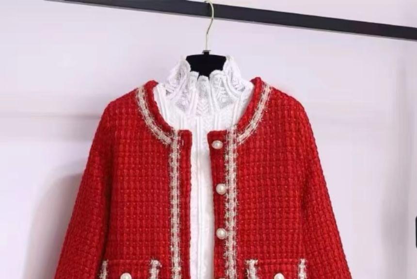 Puff-Sleeve High Neck Blouse / Tweed Faux Pearl Button-Up Jacket / High Waist Mini A-Line Skirt / Set Product Image