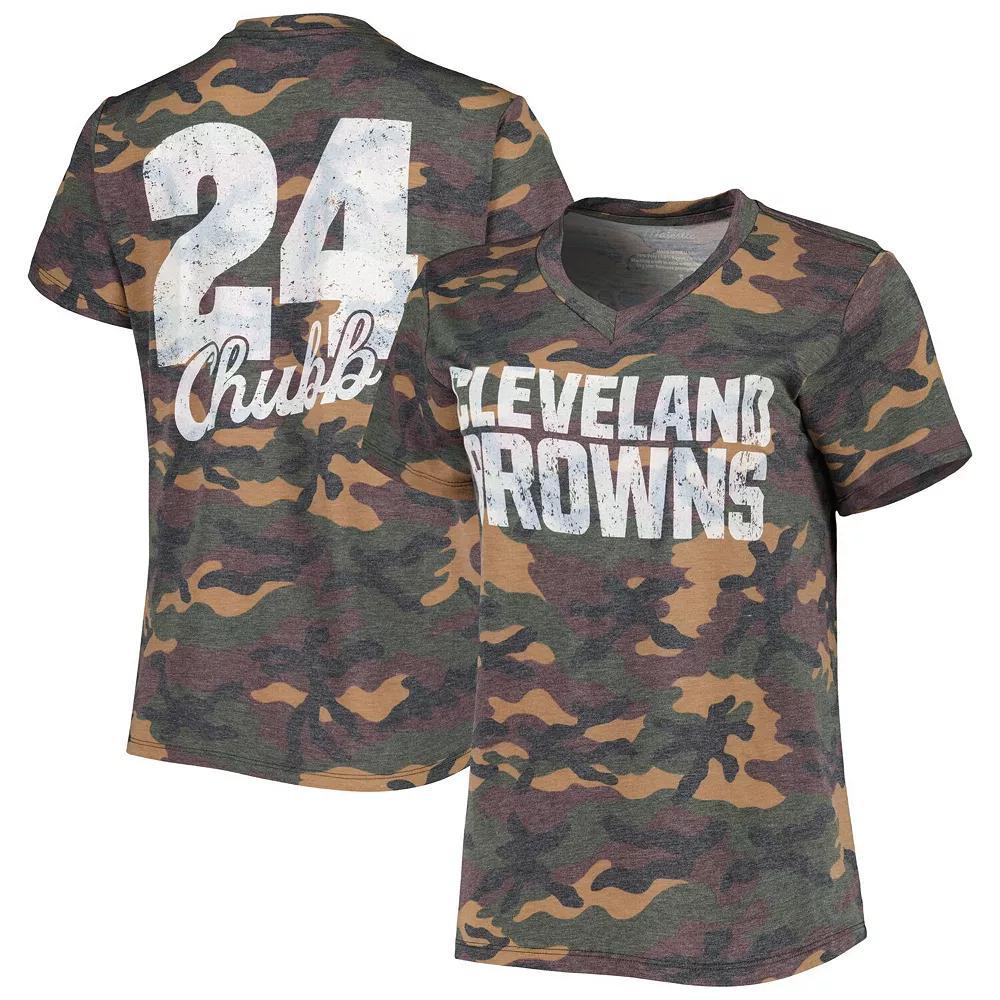 Women's Majestic Threads Nick Chubb Camo Cleveland Browns Name & Number V-Neck Tri-Blend T-Shirt, Size: Small, Green Product Image