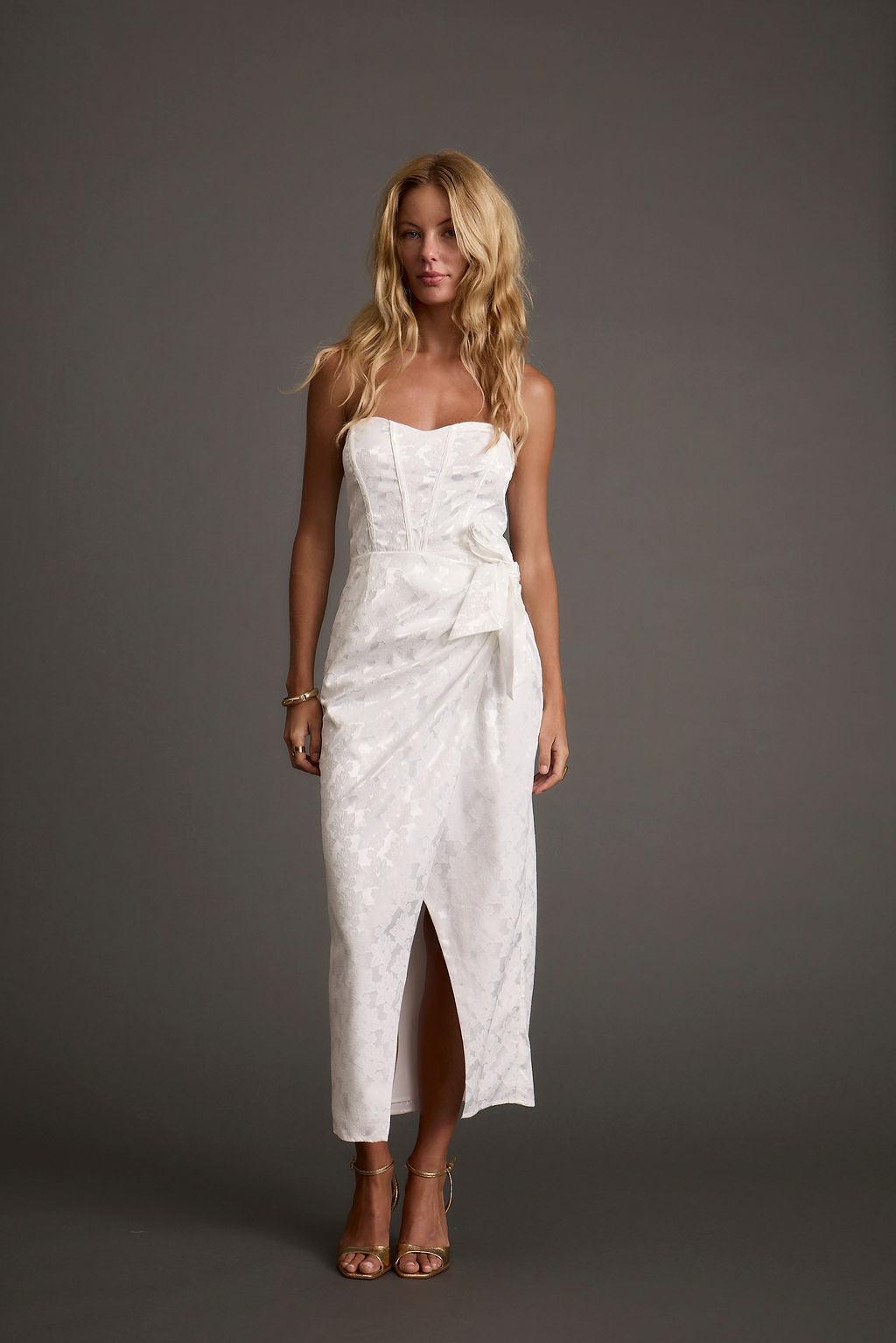 Brighton White Strapless Satin Wrap Dress Product Image