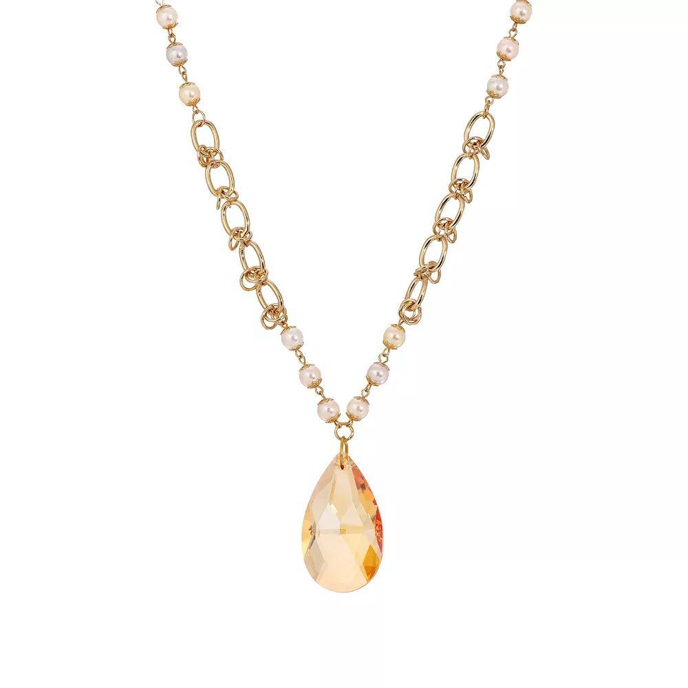 1928 Gold Tone Briolette & Faux Pearl Necklace, Womens, Beige Product Image