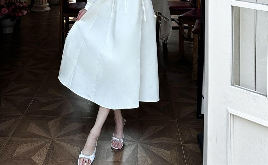 Long-Sleeve Stand Collar Plain Lace Trim Pintuck Lace-Up Midi A-Line Dress Product Image