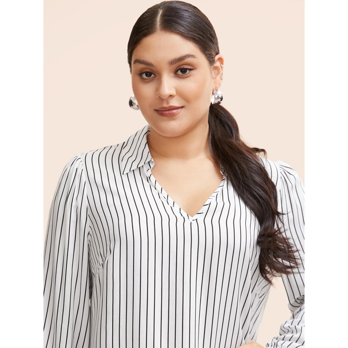 Plus Size WhiteSmoke Striped Lapel Collar Lantern Sleeve Blouse Women Workwear Essentials Long Sleeve V-neck Work Blouses BloomChic 30/6X Product Image