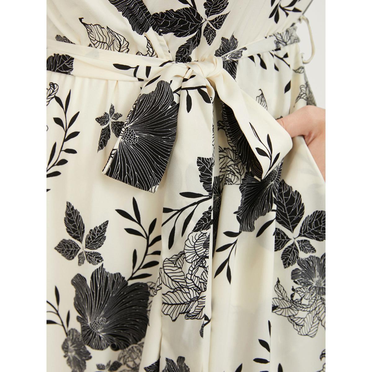 Plus Size Floral Print Lantern Sleeve Pocket Split Belted Dress Beige Women Elegant Belted V-neck Long Sleeve Curvy Midi Dress BloomChic 12/L Product Image