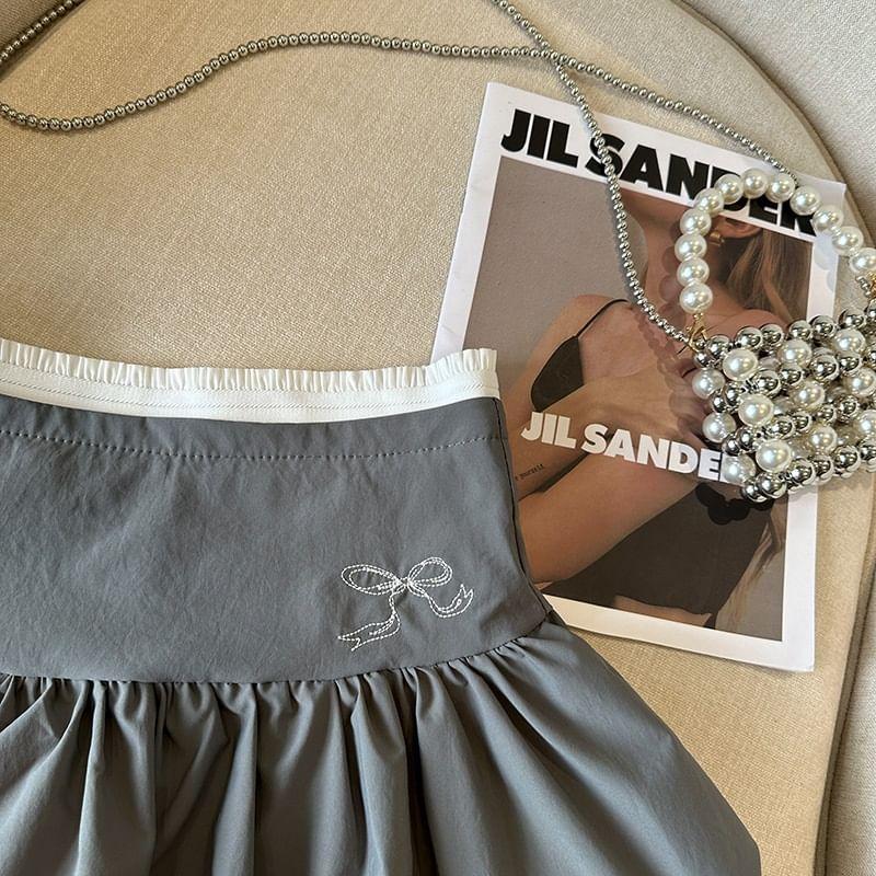 High Waist Mock Two-Piece Bow Embroidered Frill Trim Paperbag Mini Skirt Product Image