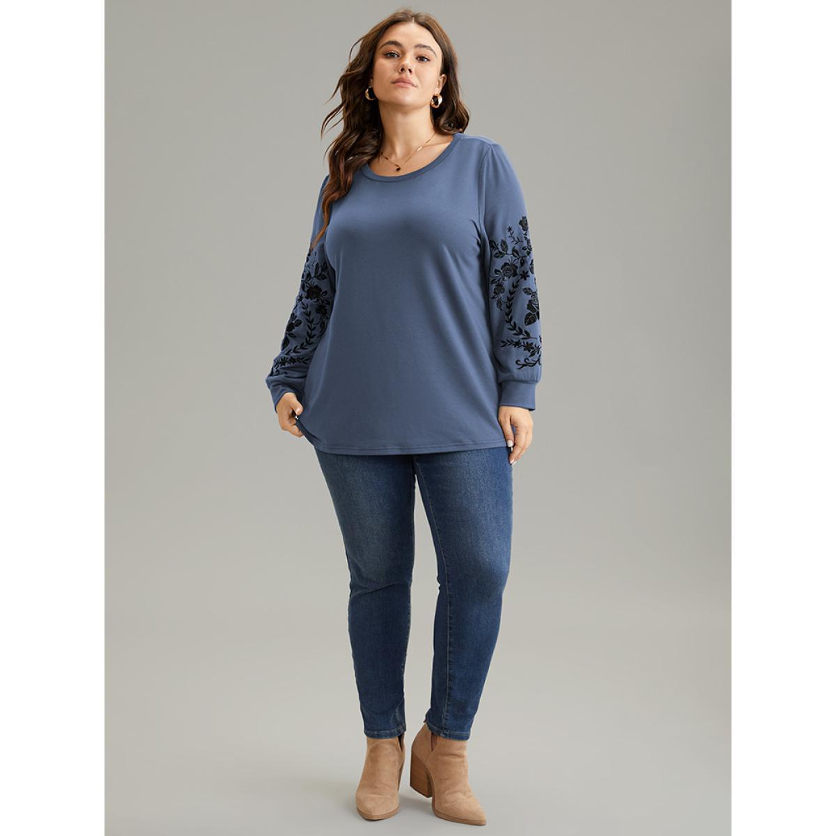 Plus Size Plants Embroidered Elastic Cuffs Crew Neck Sweatshirt Women Stone Casual Embroidered Round Neck Everyday Sweatshirts BloomChic 28/5X Product Image