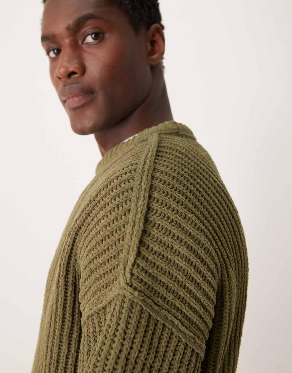 ASOS DESIGN relaxed chenille crew neck rib knit sweater in olive Product Image