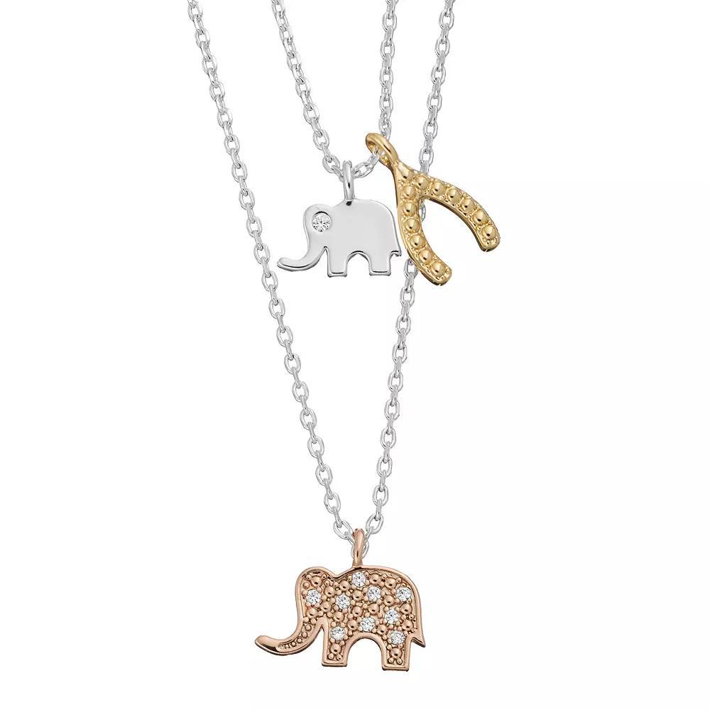 City Luxe Tri-Tone Cubic Zirconia Elephant & Wishbone Necklace Set, Women's, Tone Clear Product Image