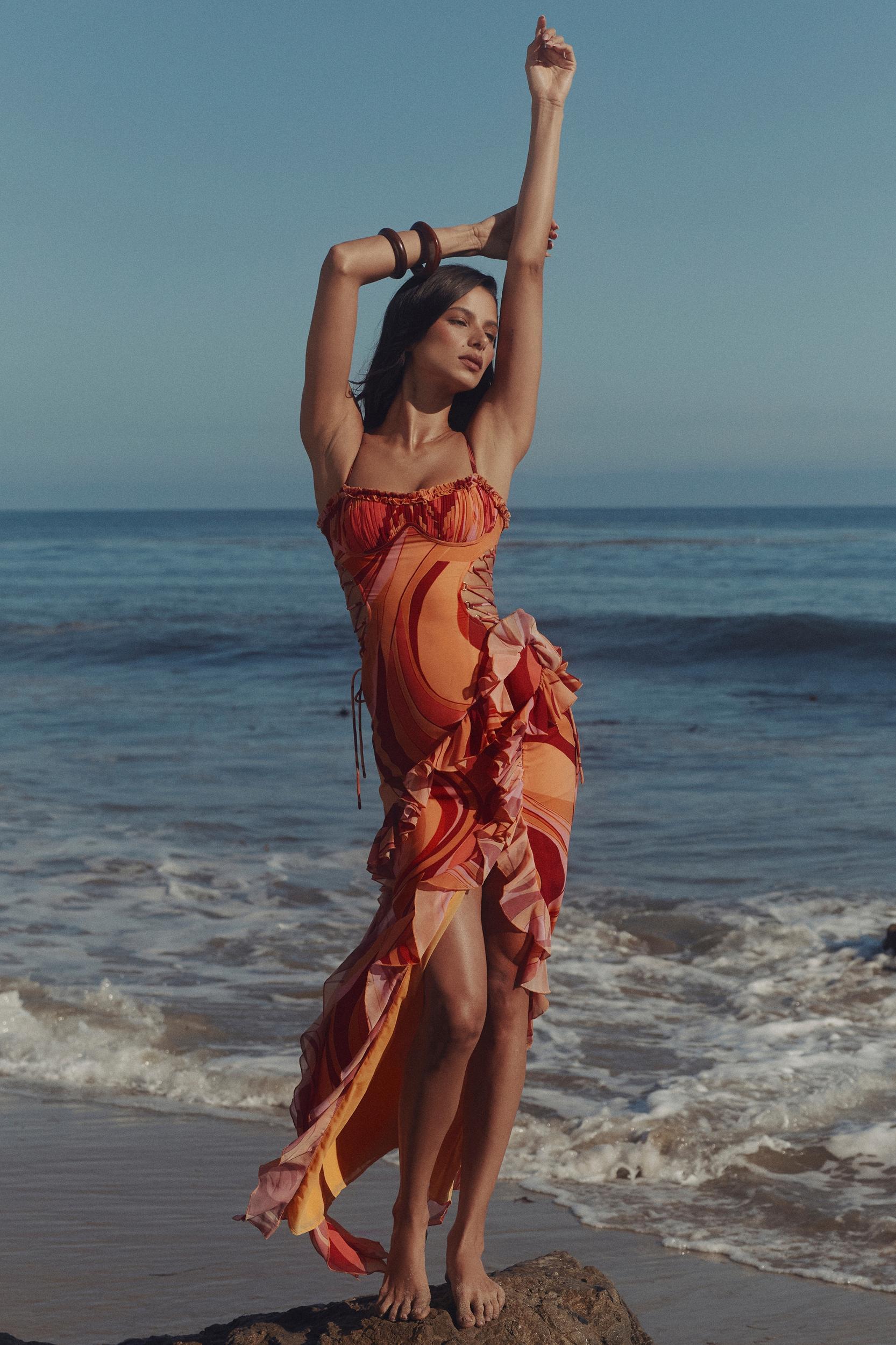 Lumira  sunset swirl print ruffle cut out maxi dress Product Image