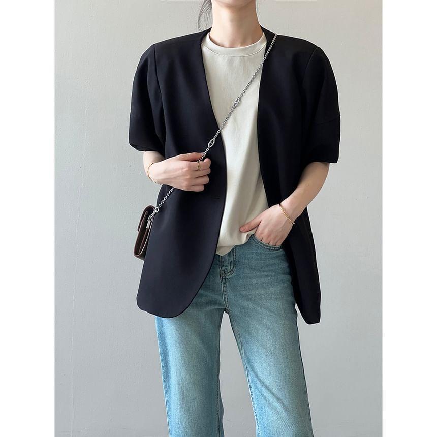 Elbow-Sleeve One Buttoned Plain Blazer Product Image