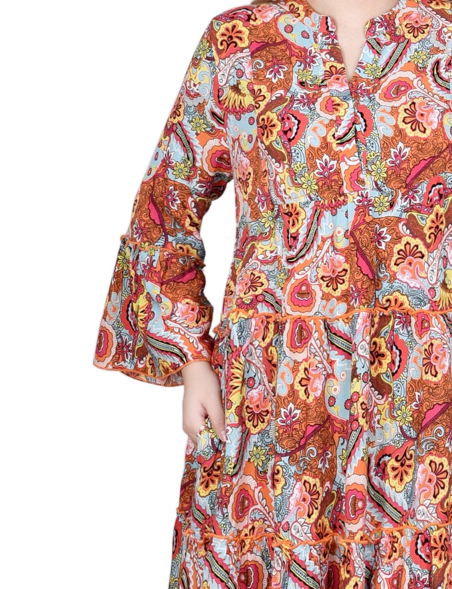 Blue Orange Paisley 3/4 Sleeve Tiered Dress - Petite Product Image