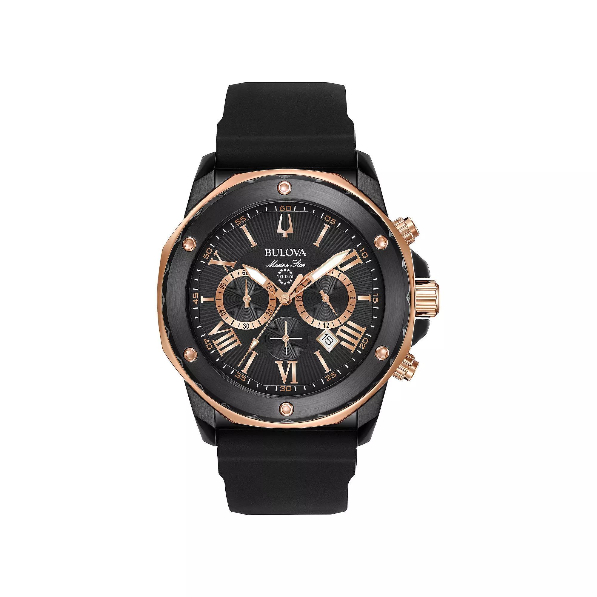 Bulova Mens Marine Star Stainless Steel Black Chronograph Black Rubber Strap Watch - 98B307 Product Image