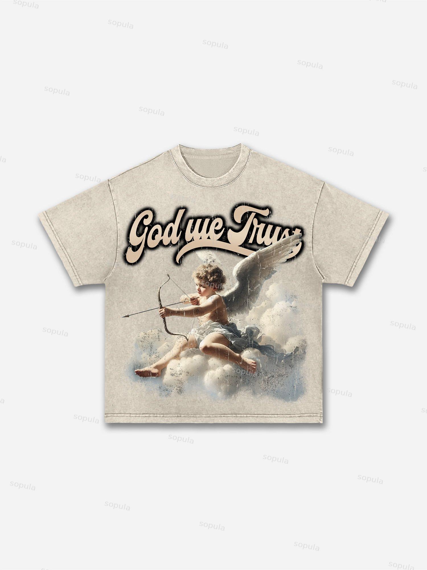 God We Trust Cupid Angel Aged Vintage Graphic Washed T-shirt Product Image