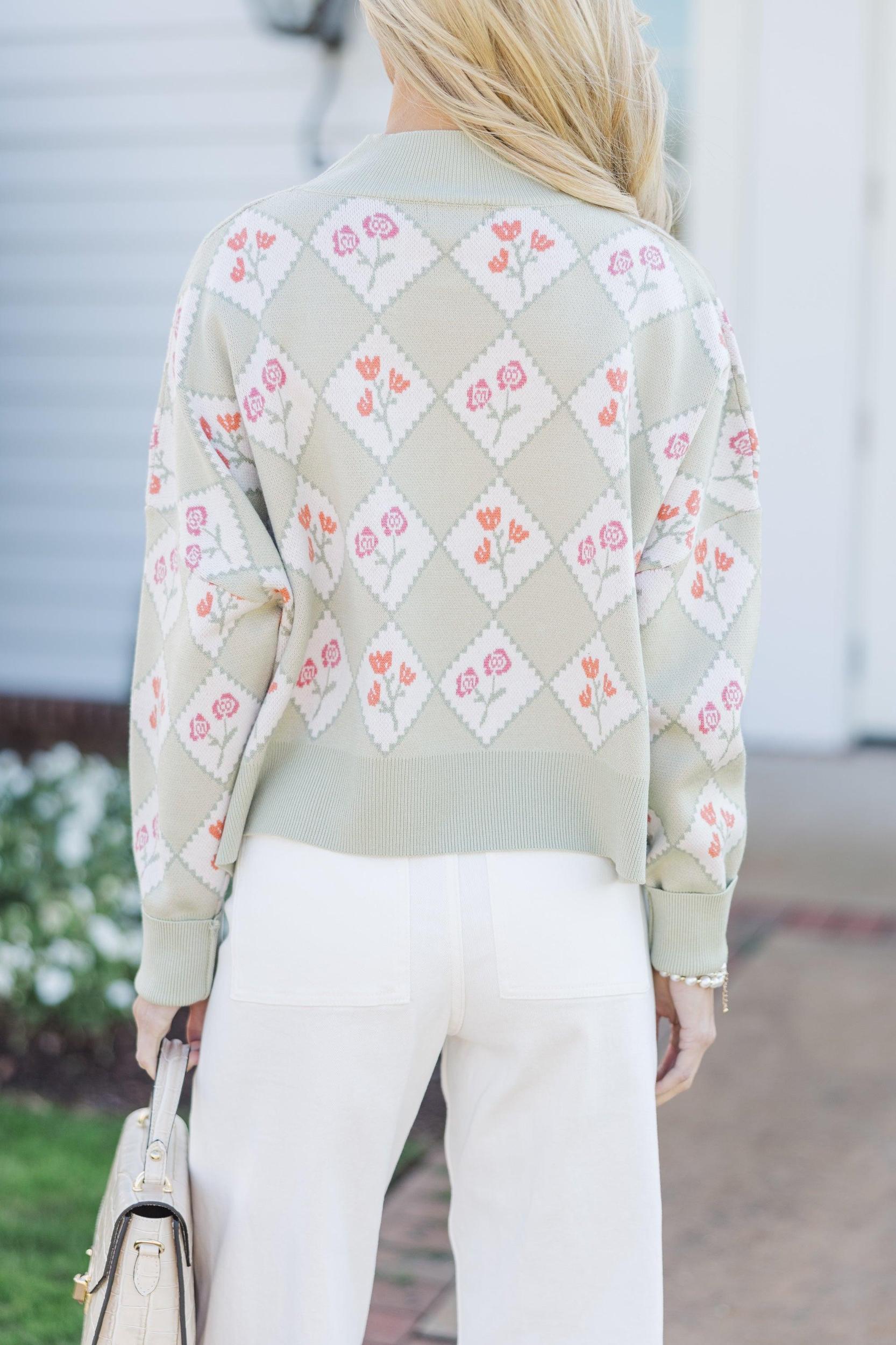 Perfectly You Sage Floral Argyle Cropped Sweater Female Product Image