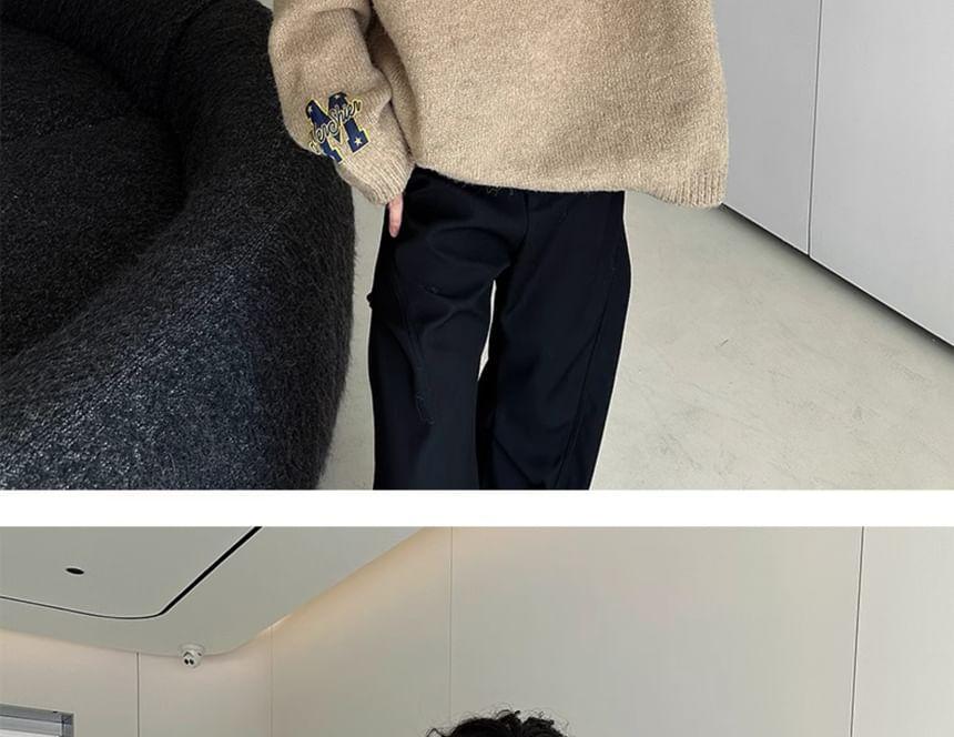 Notch Neck Letter Embroidered Oversized Sweater Product Image