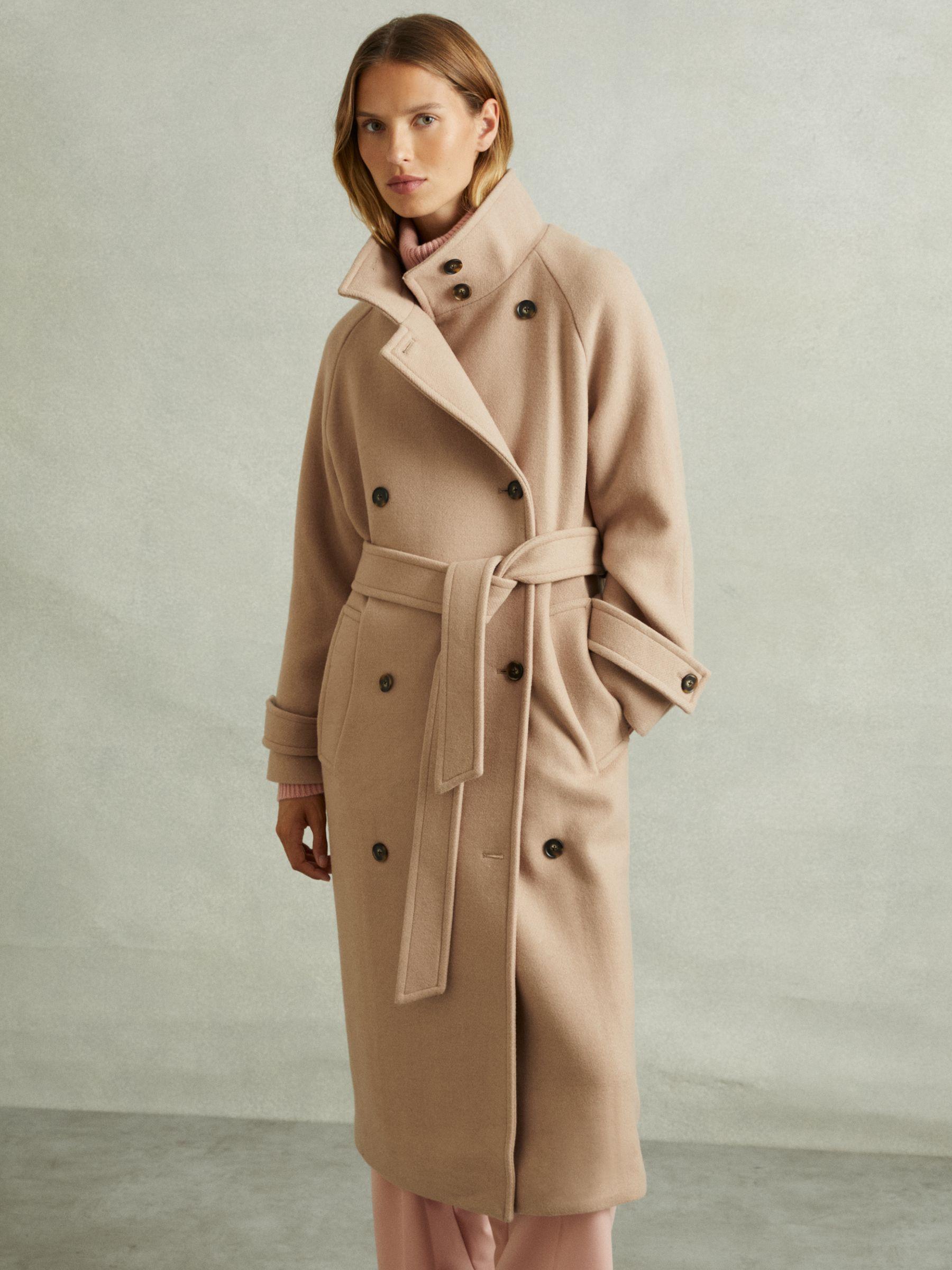 Wool Blend Double Breasted Funnel Neck Coat in Neutral Product Image