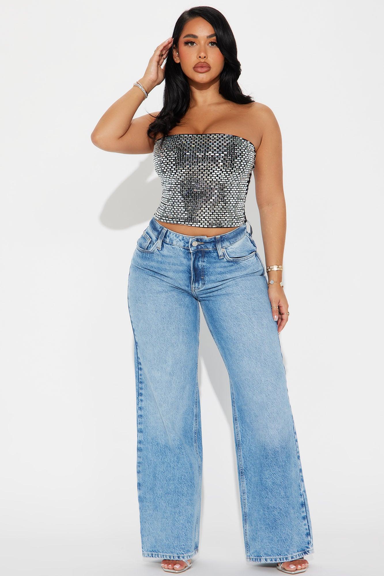 Center Of Attention Rhinestone Top - Silver/Black Product Image
