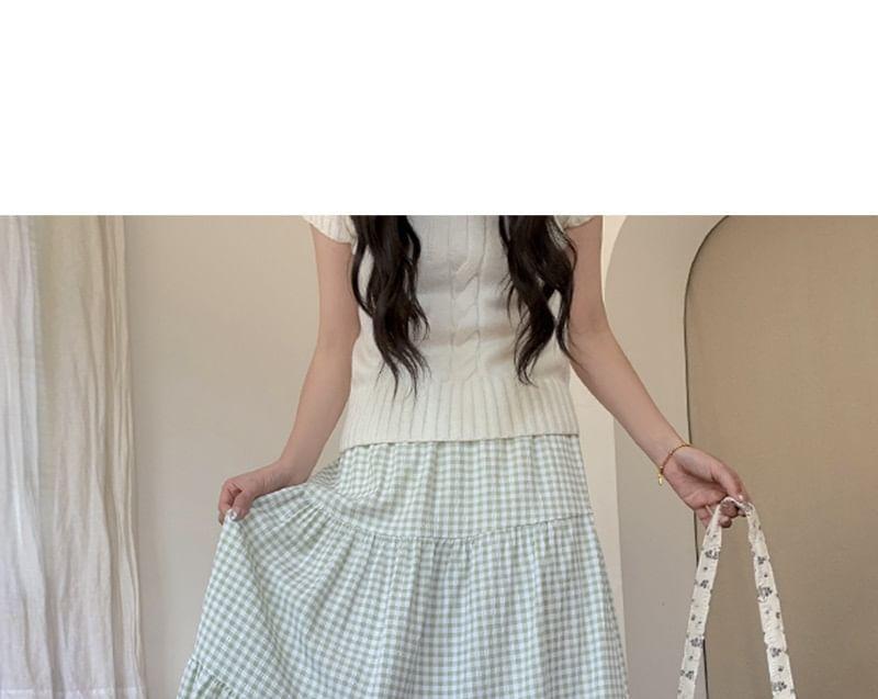 High Rise Plaid Midi A-Line Skirt Product Image