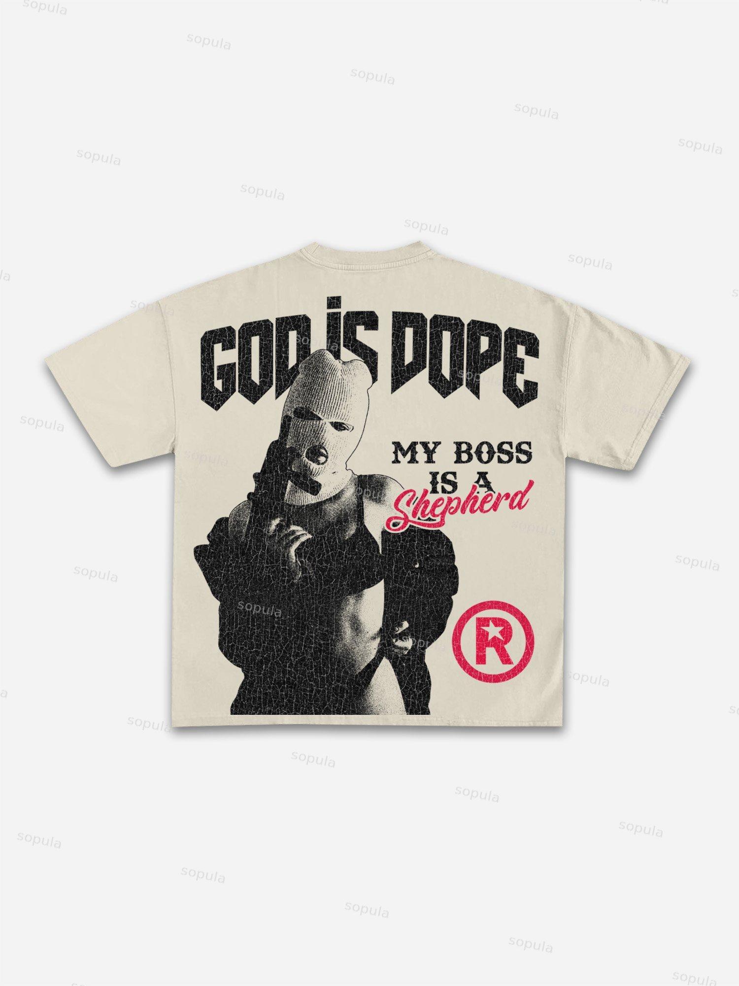 God Is Dope My Boss Is A Shepherd Gangsters Guns Vintage Graphic Cotton T-shirt Product Image
