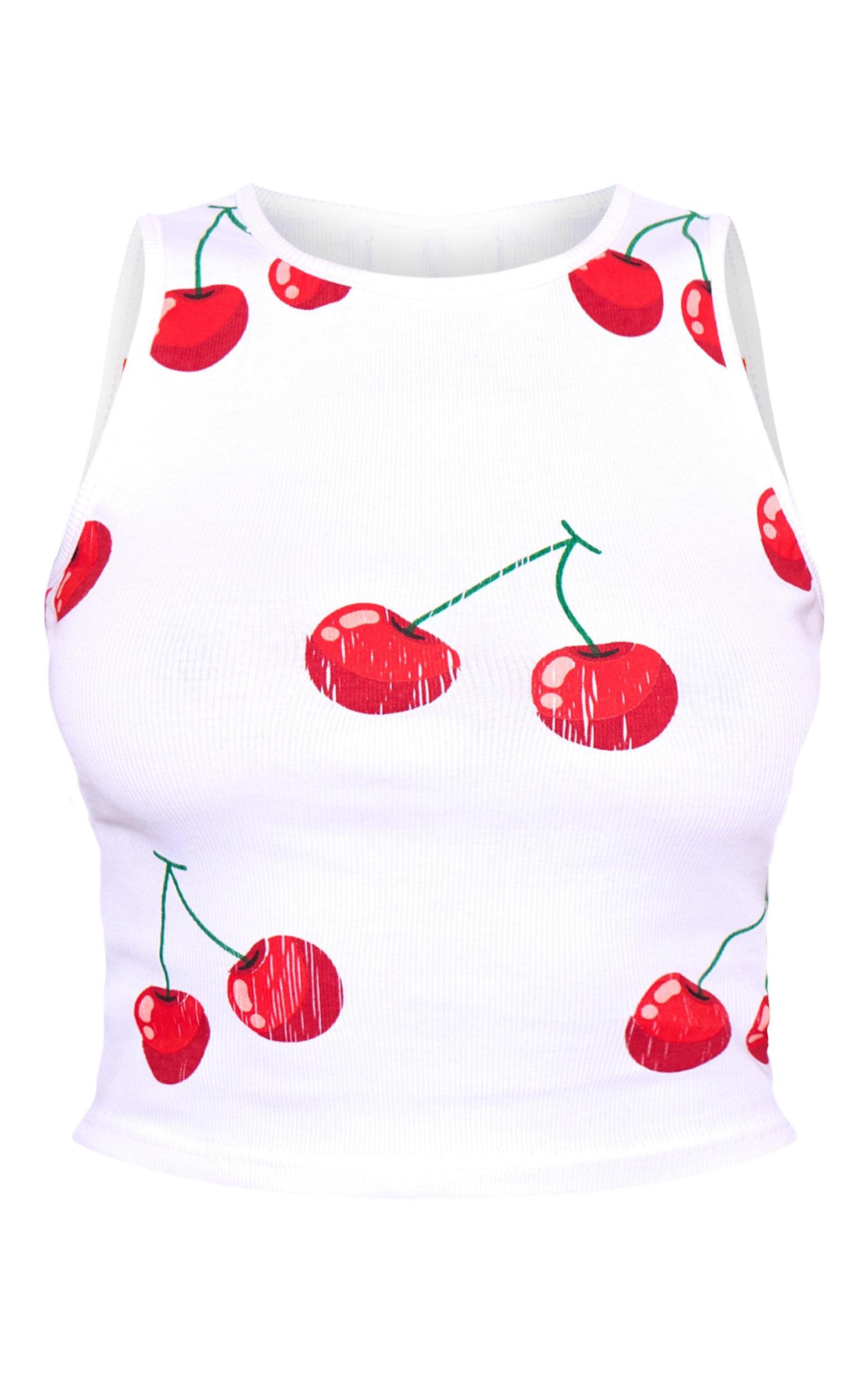 White Rib Cherry Printed Longline Racer Product Image