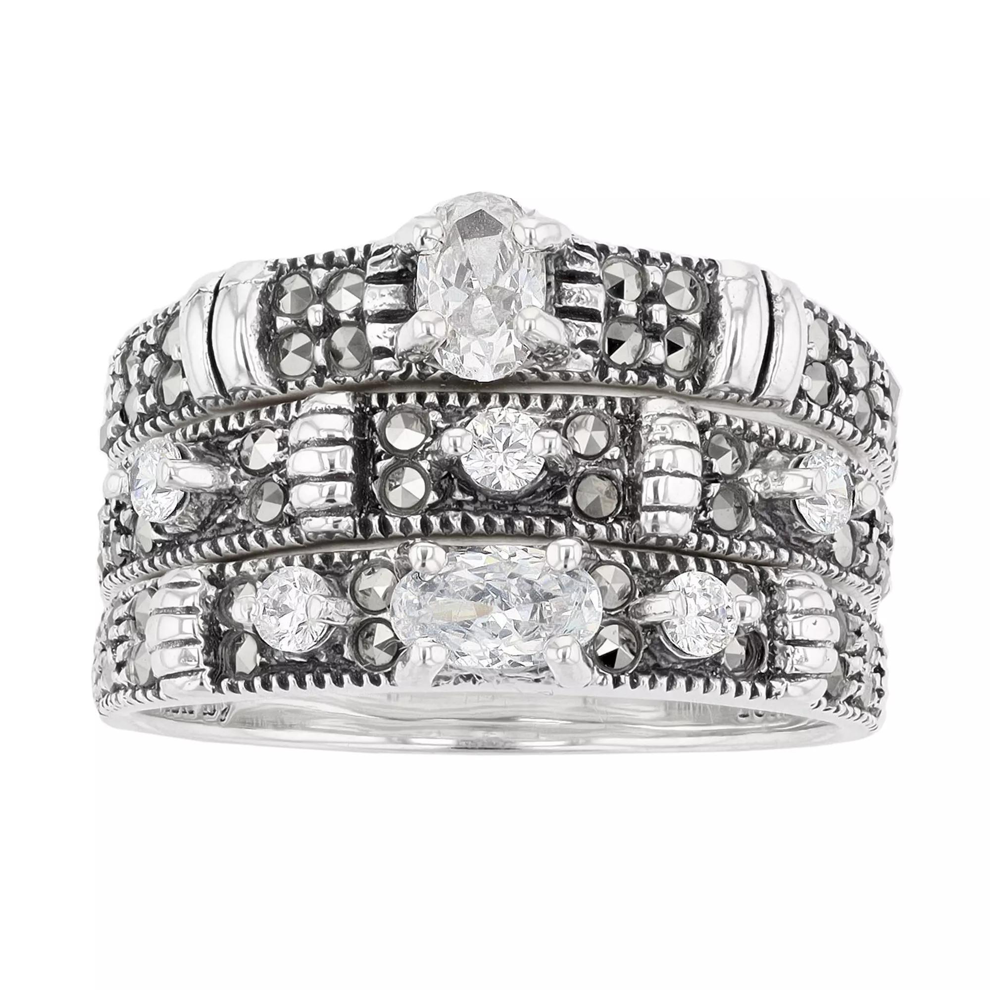 Lavish by TJM Sterling Silver Cubic Zirconia and Marcasite 3-Piece Stack Ring Set, Women's, Size: 7 Product Image
