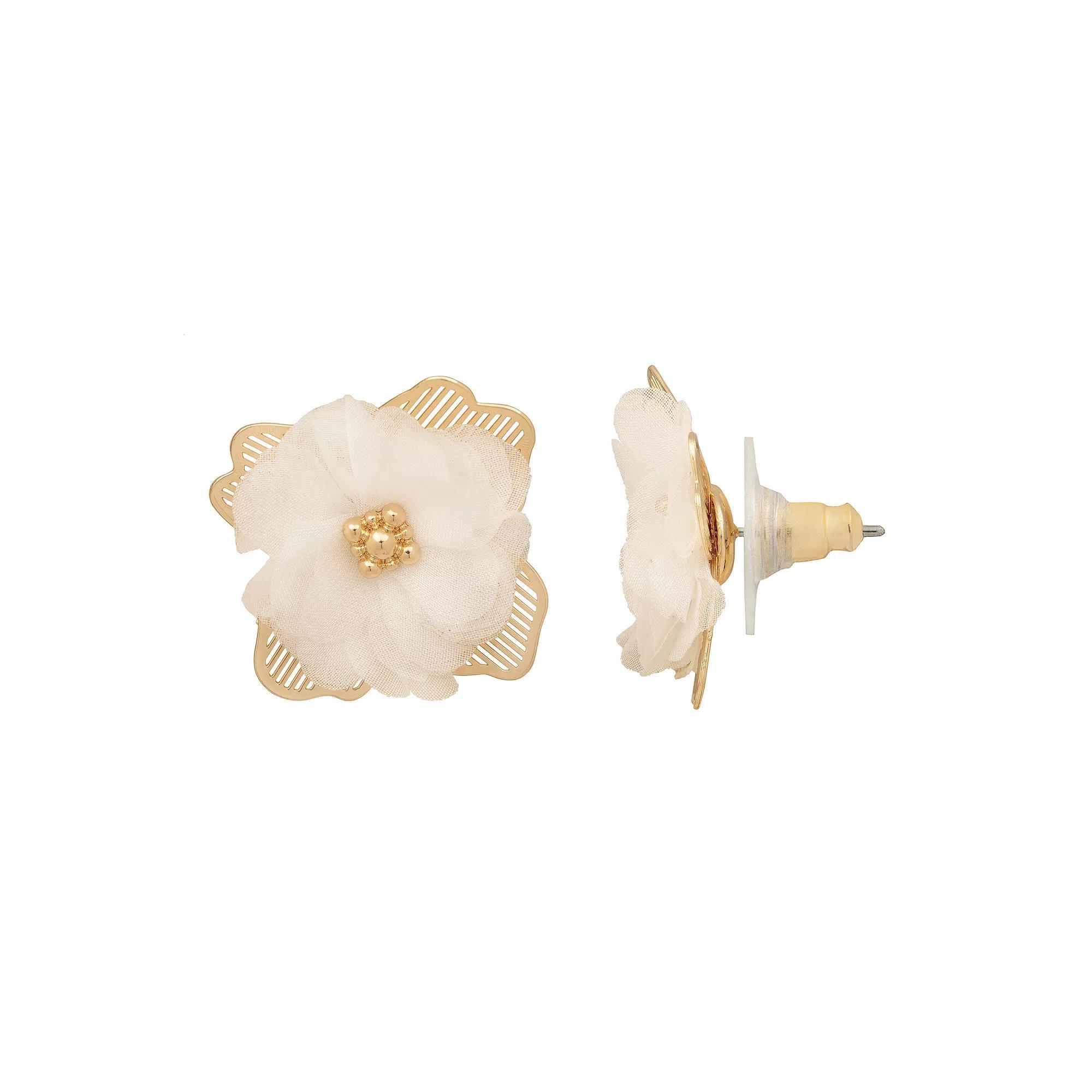 Emberly Gold Tone Filigree & Fabric Flower Petal Post Earrings, Women's, White Product Image