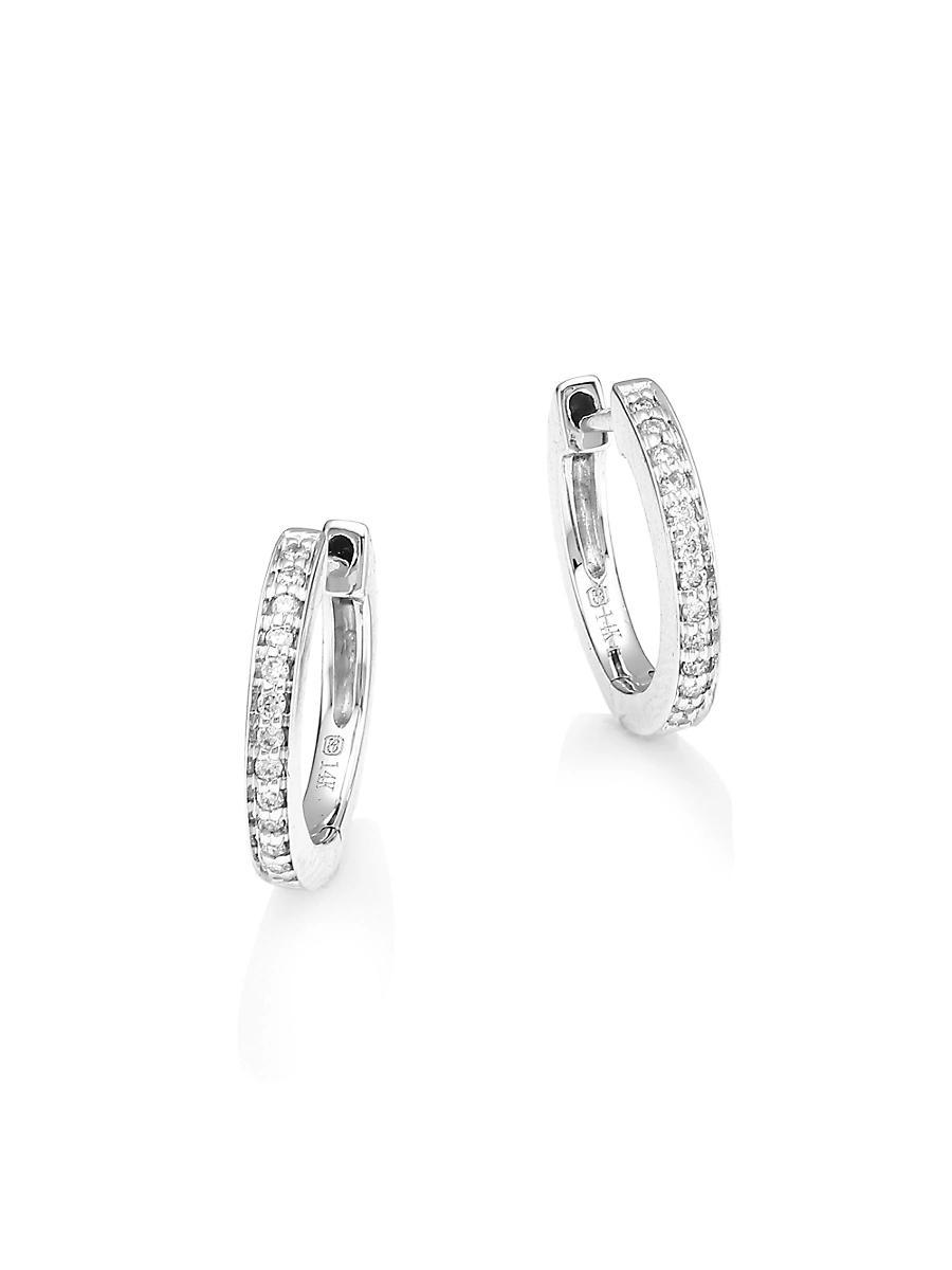 14k White Gold Diamond Huggie Hoop Earrings Product Image