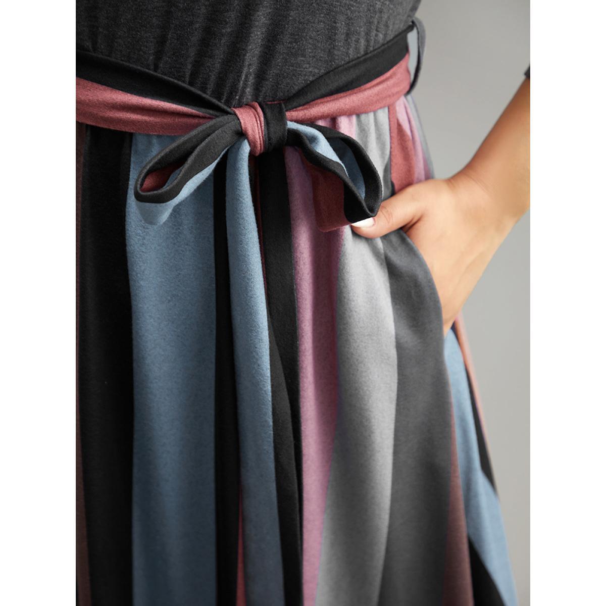 Plus Size Striped Contrast Patchwork Belted Dress DimGray Women Casual Belted Round Neck Elbow-length sleeve Curvy Midi Dress BloomChic 10/M Product Image