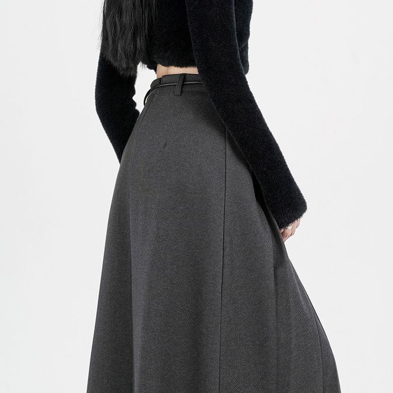 High-Waist Plain A-Line Midi Skirt Product Image