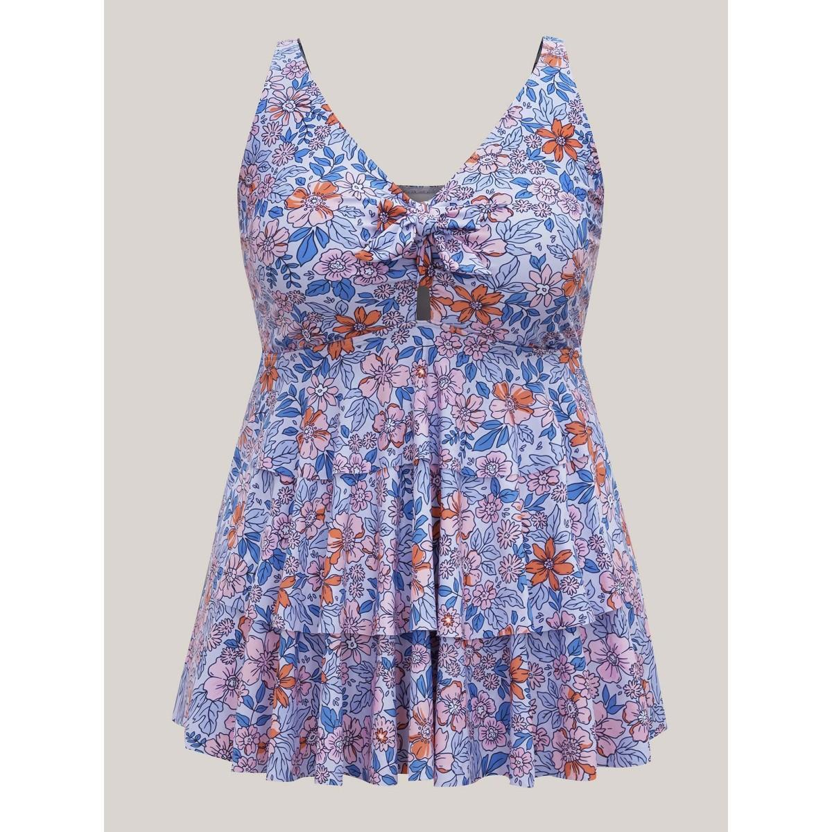 Plus Size Floral Print Tiered Ties Adjustable Swim Top Women's Swimwear Multicolor Beach Tie knot High stretch Bodycon V-neck Curve Swim Tops BloomChic 14-16/1X Product Image
