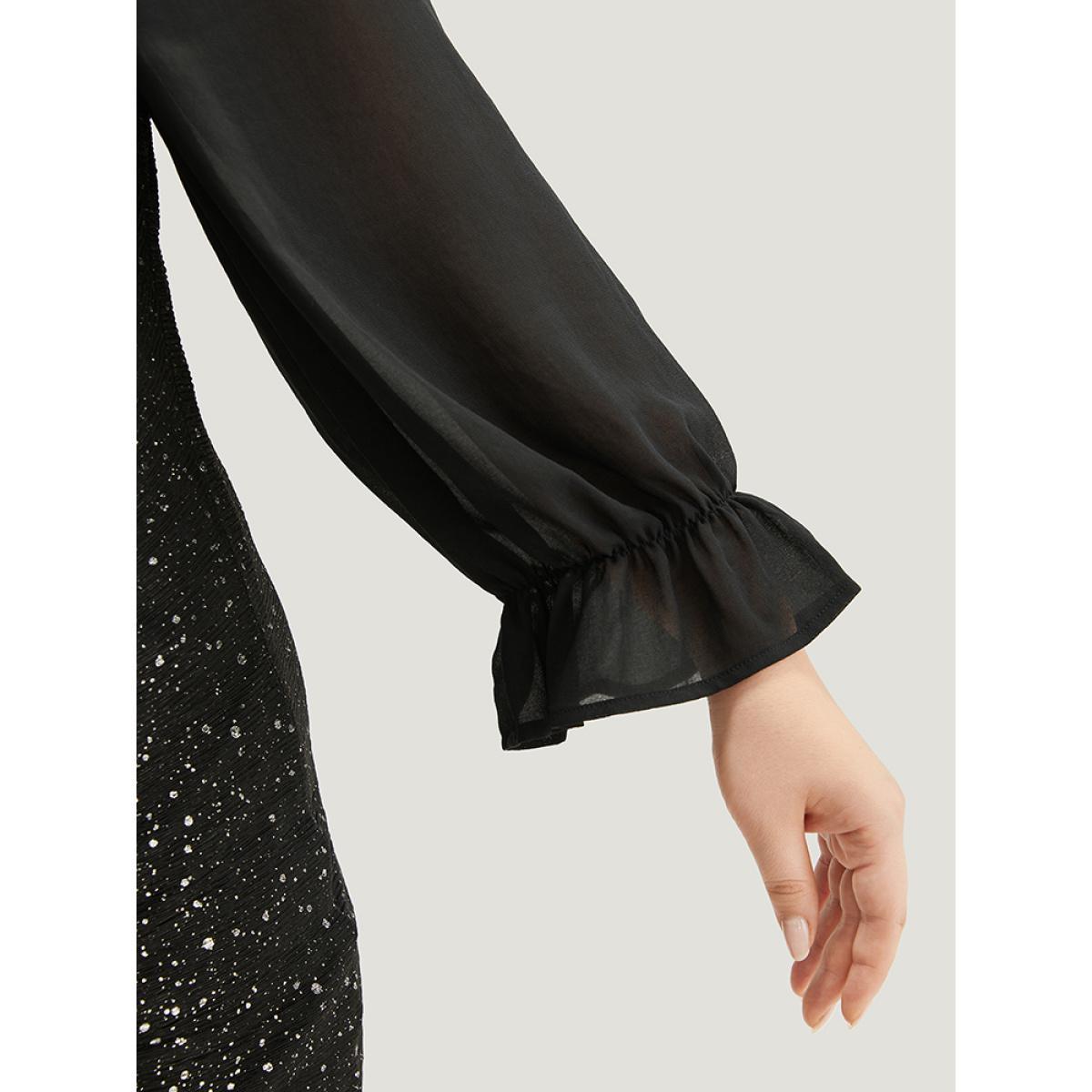 Plus Size Glitte Chiffon Square Neck Ruched Dress Black Women Party Gathered Square Neck Long Sleeve Curvy Knee Dress BloomChic 22-24/3X Product Image