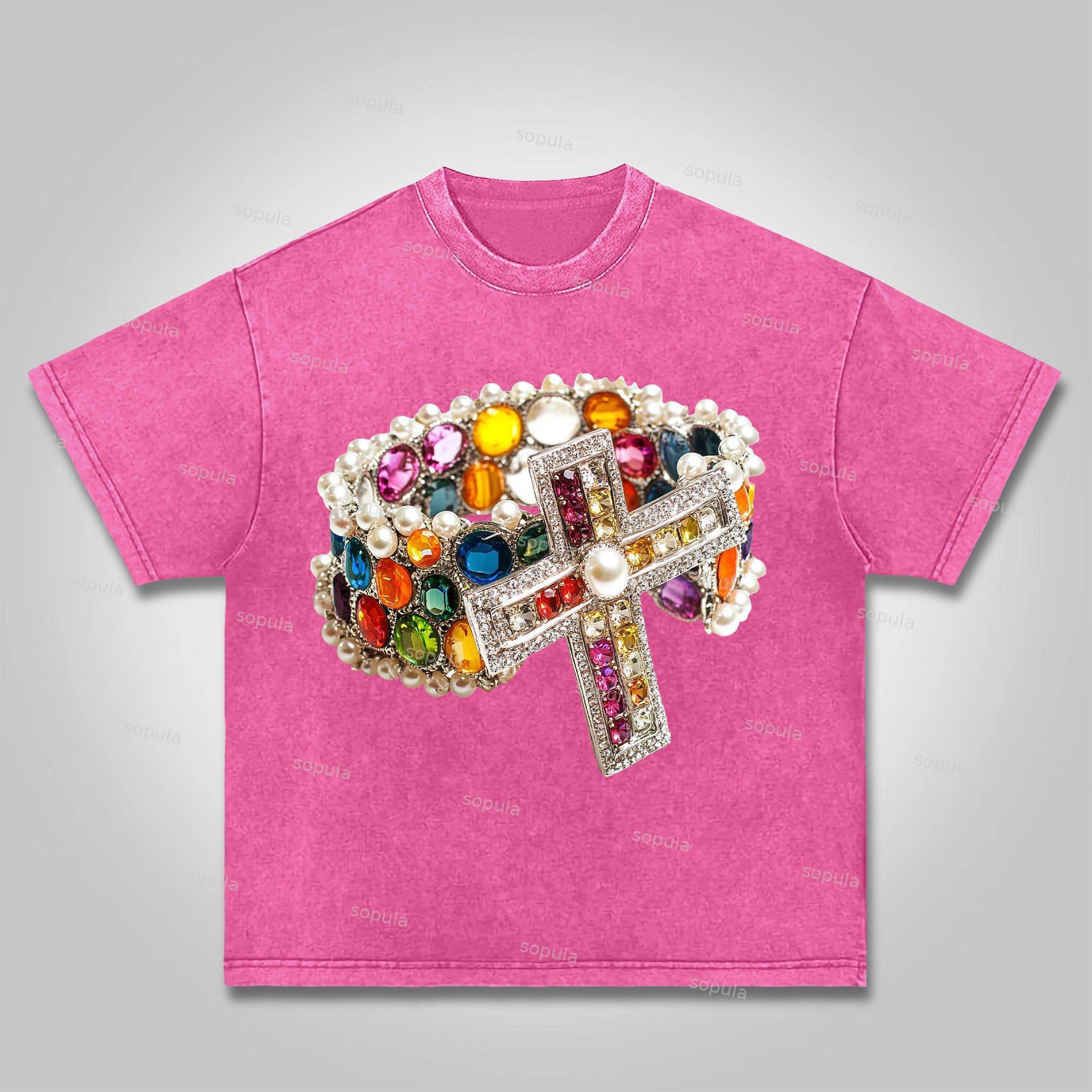 Sopula Vintage Diamond Cross Graphic Print Acid Washed T-Shirt Product Image