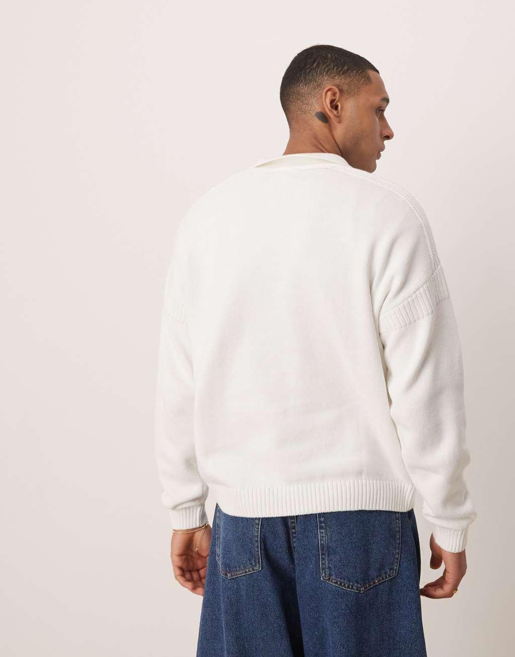 ASOS DESIGN relaxed boxy fit knit notch neck sweater in off-white Product Image