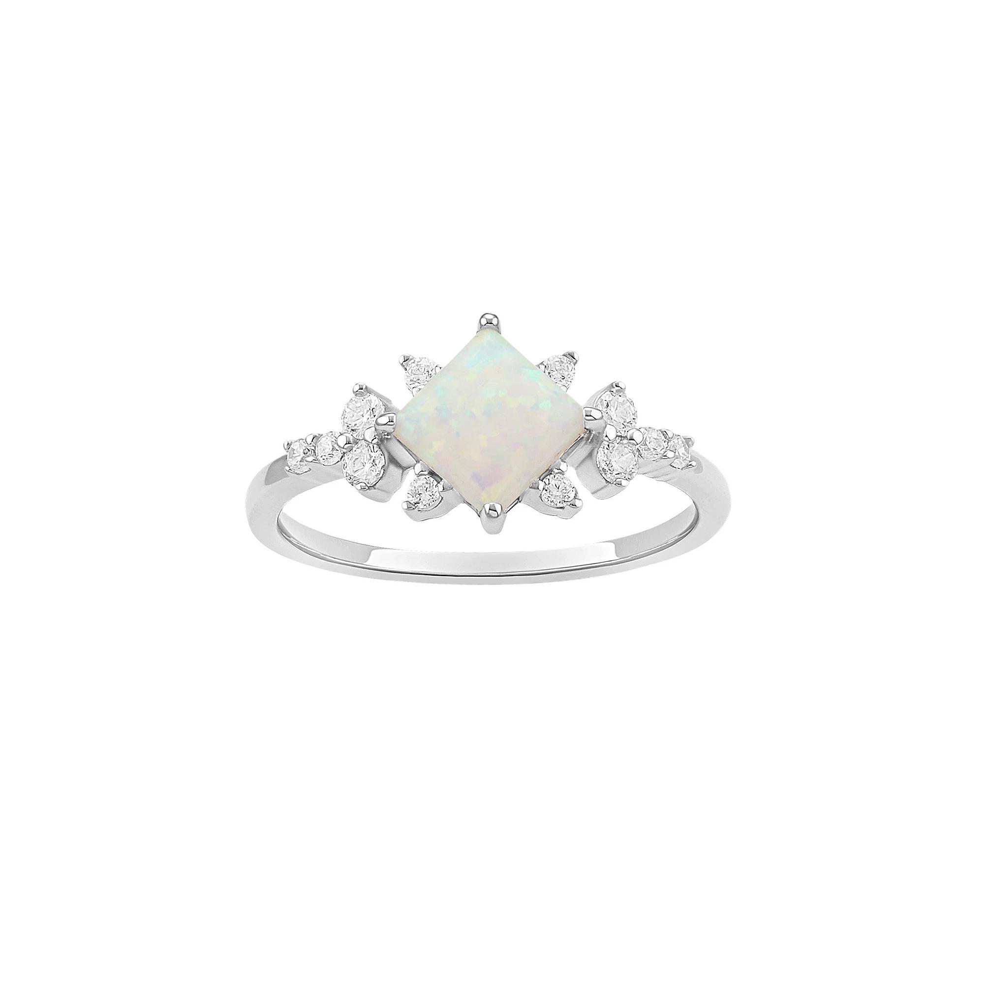PRIMROSE Sterling Silver Opal & Cubic Zirconia Square Center Stone Ring, Women's, Size: 7, Sterling Silver White Product Image