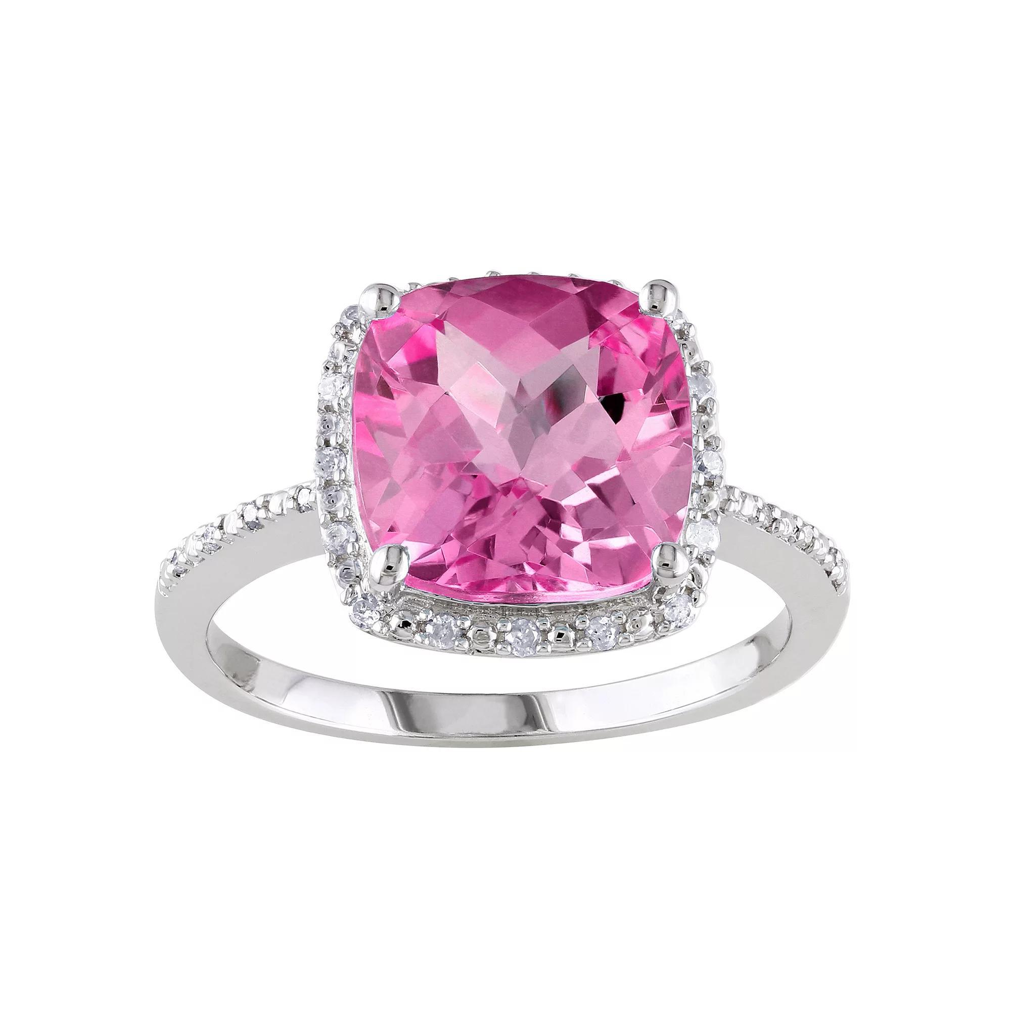 Stella Grace Sterling Silver Lab Created Pink Sapphire & 1/10 Carat T.W. Diamond Halo Ring, Women's, Size: 5 Product Image