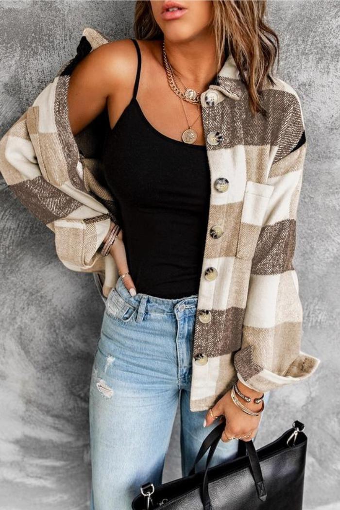 Plaid Color Block Buttoned Long Sleeve Jacket with Pocket Product Image