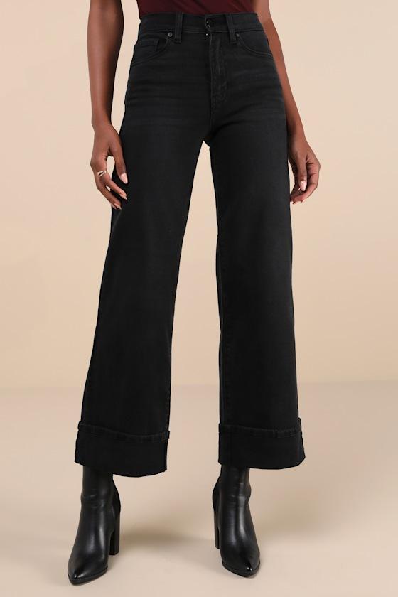 Palazzo Washed Black Denim Cuffed High-Rise Wide-Leg Jeans Product Image