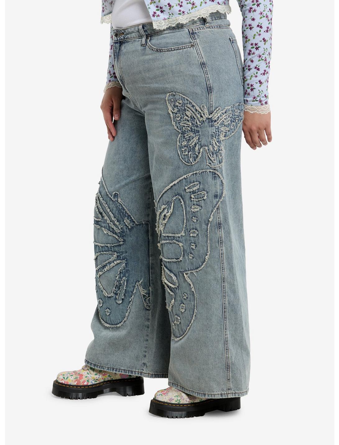 Light Wash Frayed Butterfly Wide Leg Denim Pants Plus Size Product Image