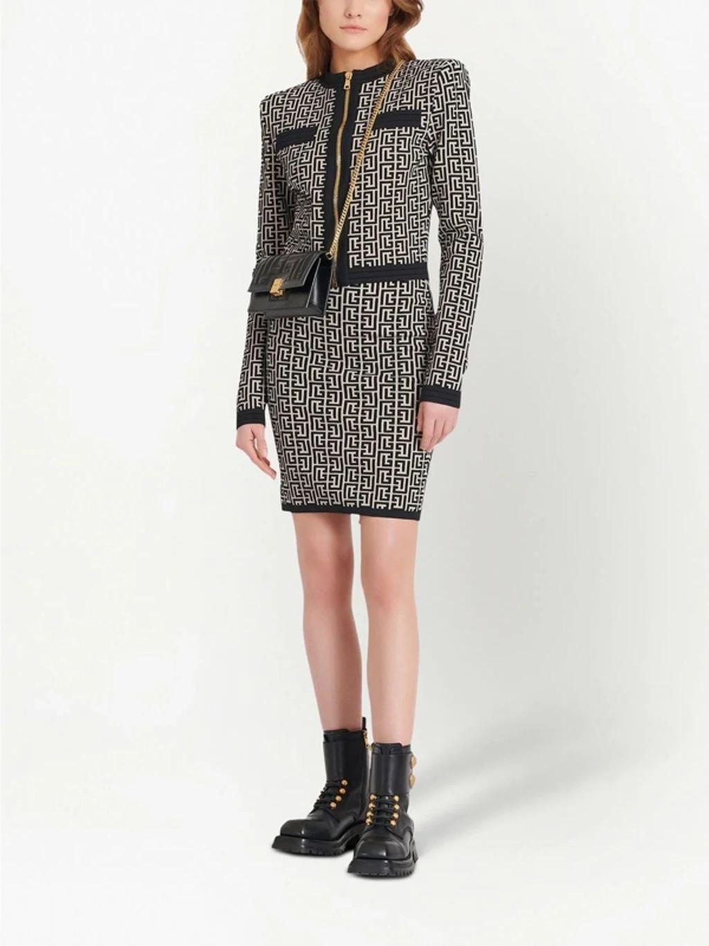 BALMAIN Monogram-pattern Cropped Jacket In Avorio/nero Product Image