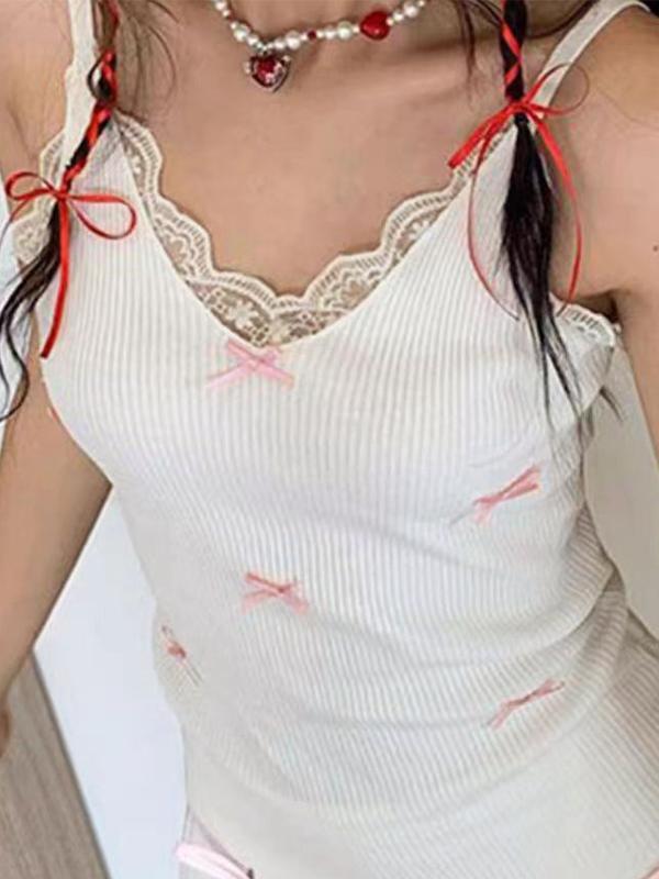 Lace Patchwork Bow Cami Top Product Image