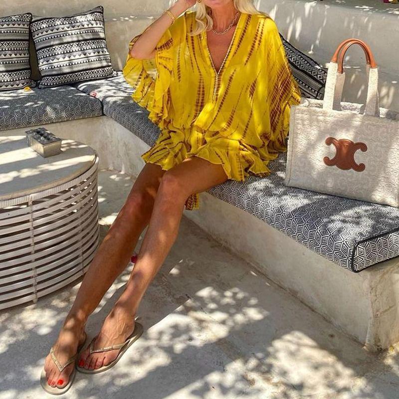 3/4-Sleeve V-Neck Print Mini Tunic Dress Product Image
