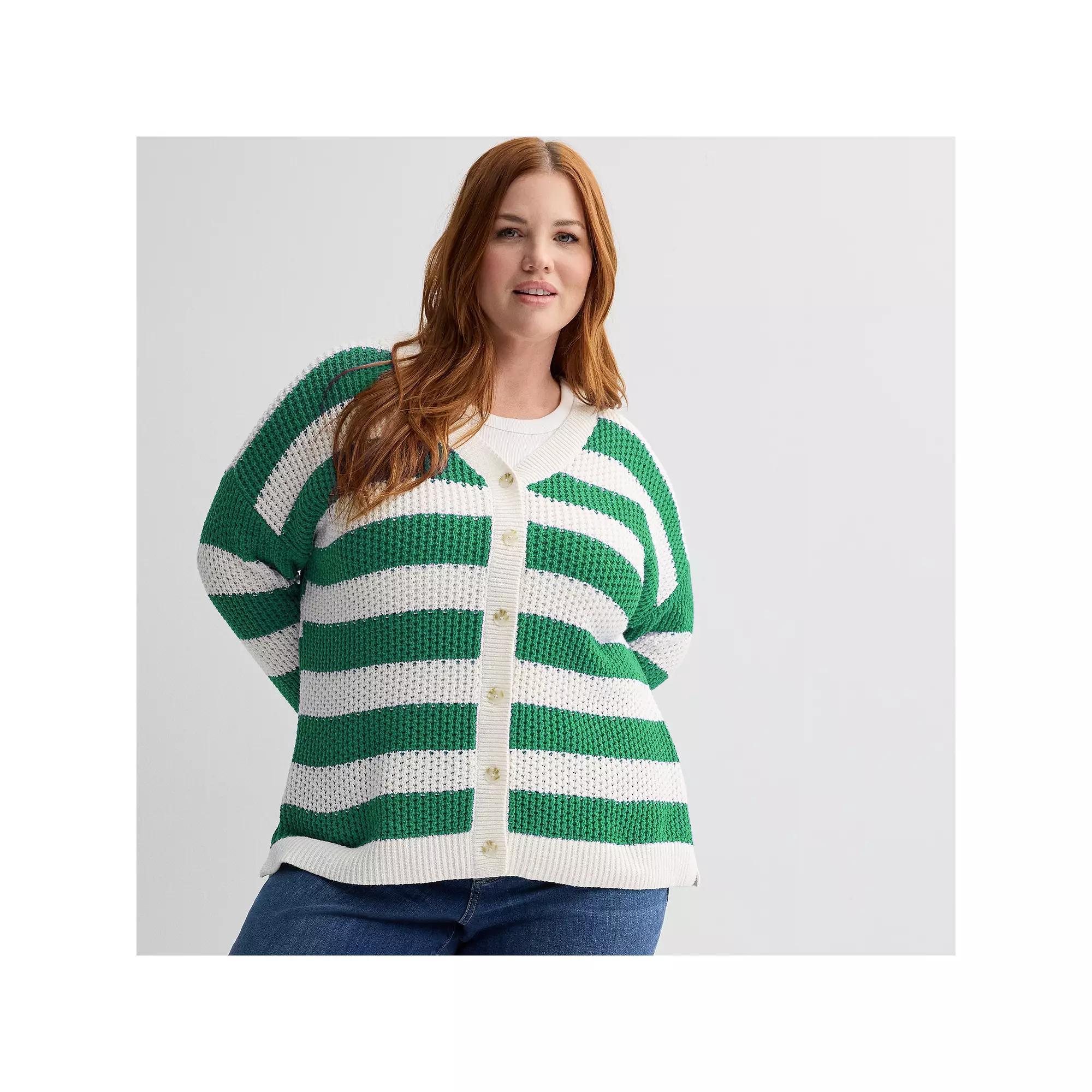 Plus Size Sonoma Goods For Life® Striped Button-Front Cardigan, Women's, Size: 3XL, Bold Green Stripe Product Image