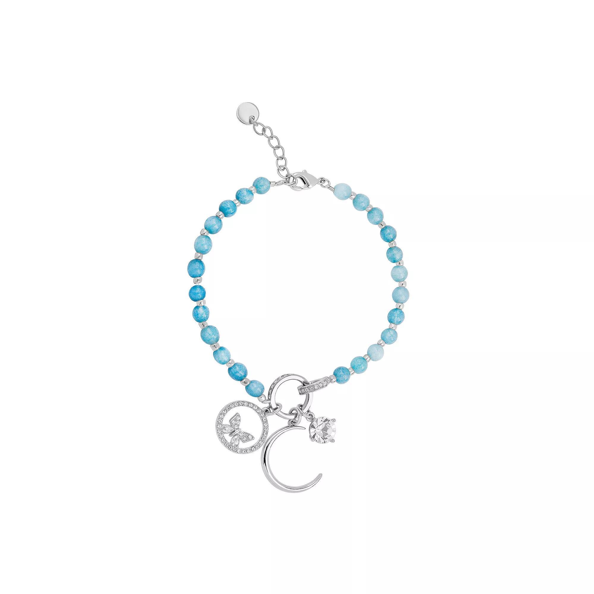 Fine Silver Plated Crystal Blue Beaded Crescent Moon & Butterfly Charm Bracelet, Women's, Size: 7/8", Silver Tone Light Blue Product Image