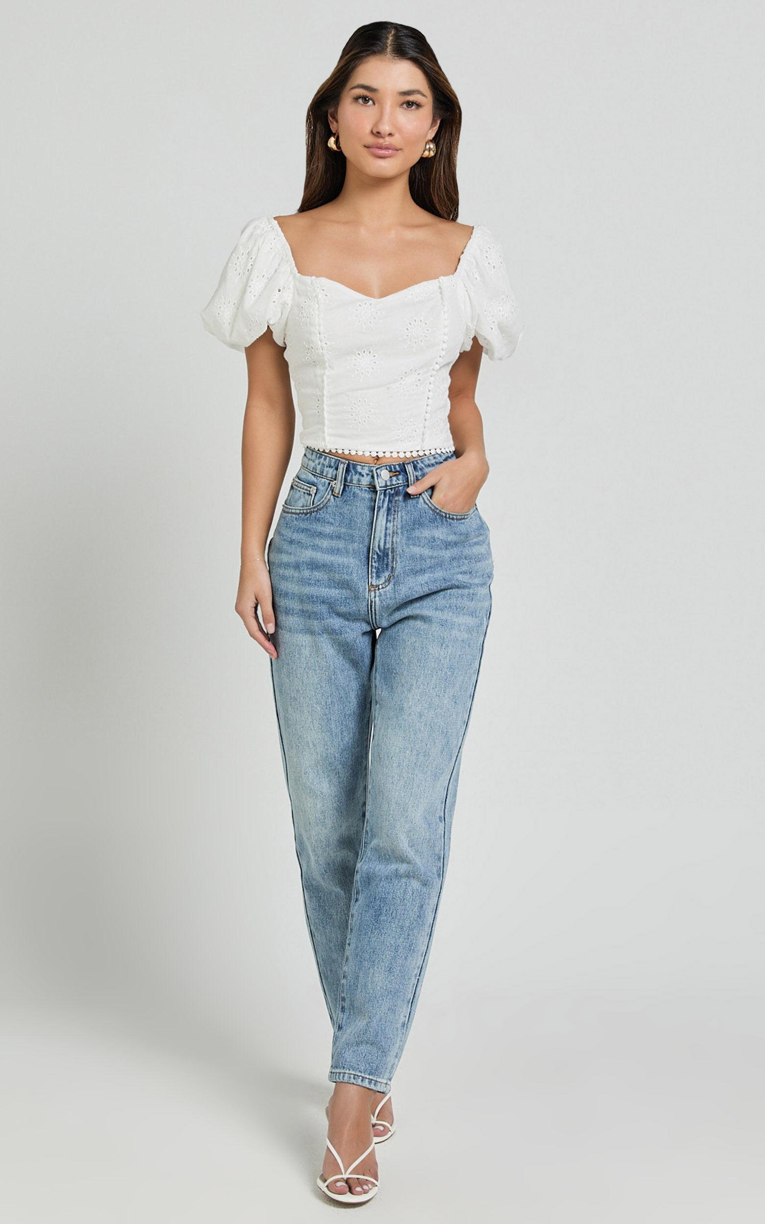 Pixie Top - Sweetheart Puff Sleeve Embroidery Top in White Product Image