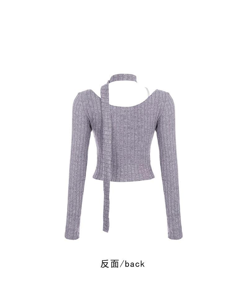 Long Sleeve Scoop Neck Bow Mock Two Piece Ribbed Panel Lace Top Product Image