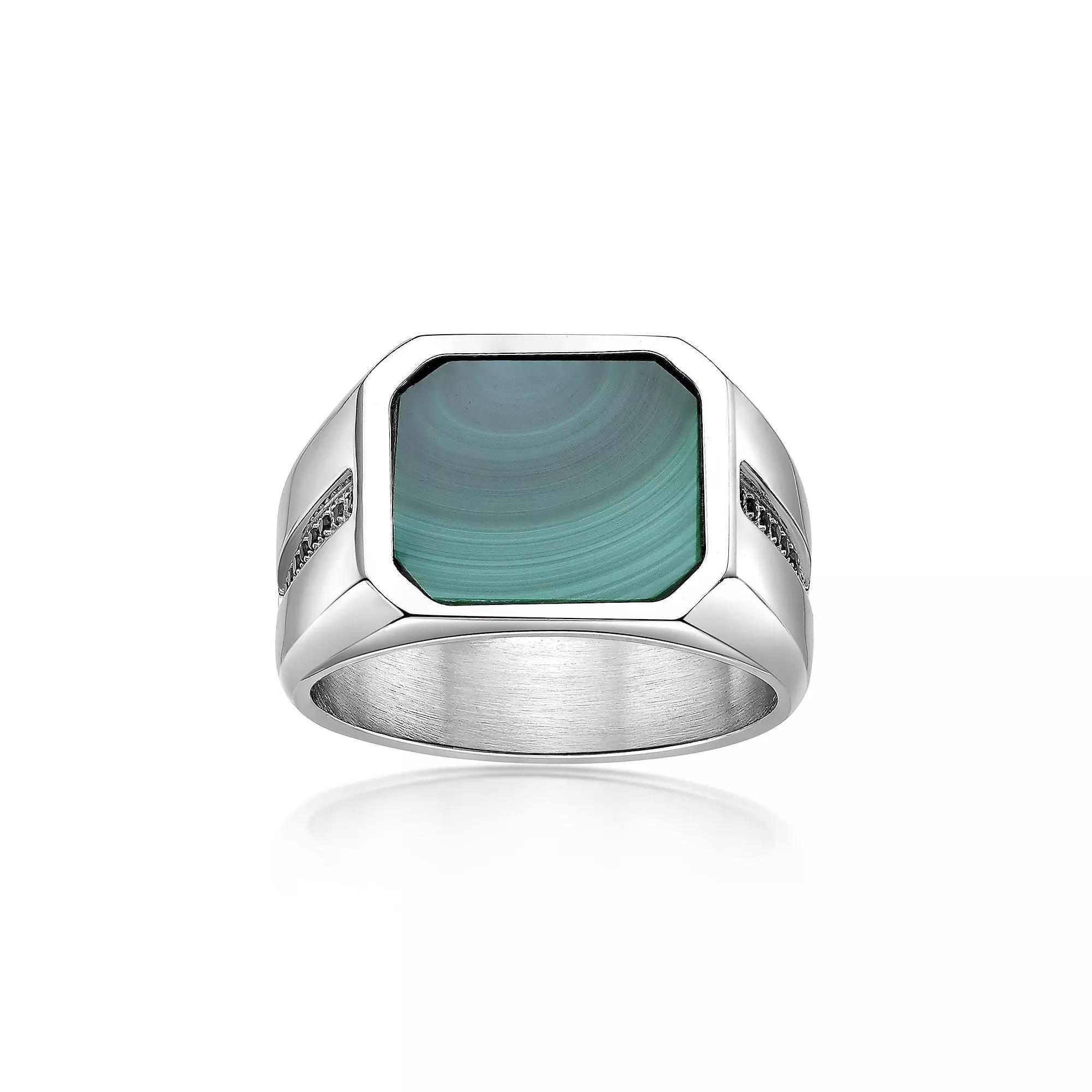 LYNX Men's Stainless Steel Malachite Black Spinel Ring, Size: 12 Product Image