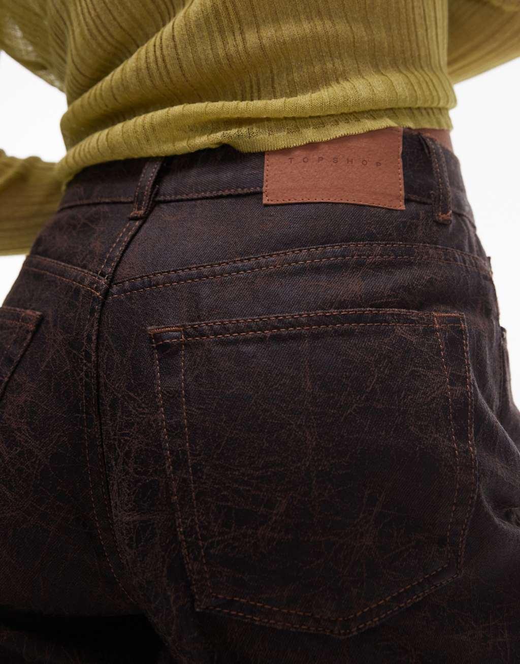 Topshop mid rise loose fit straight jeans in brown crackle Product Image