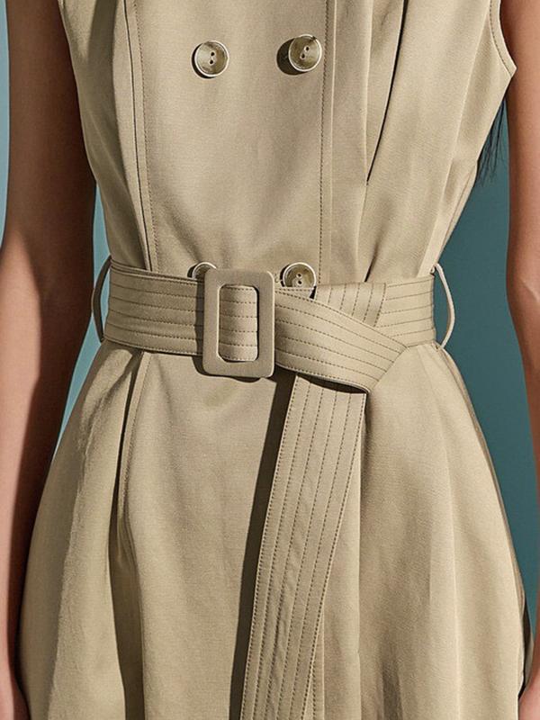 A-Line High Waisted Belted Buttoned Pockets Solid Color Round-Neck Maxi Dresses Product Image