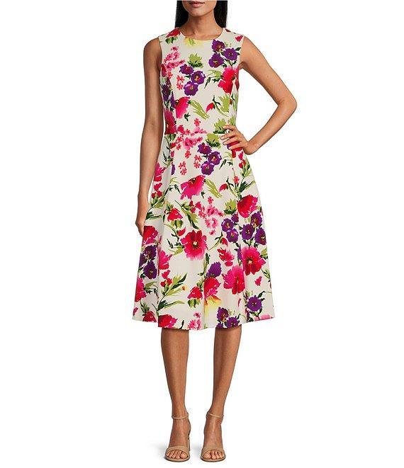 Investments Scuba Crepe Multi Floral Sleeveless Fit and Flare Dress Product Image