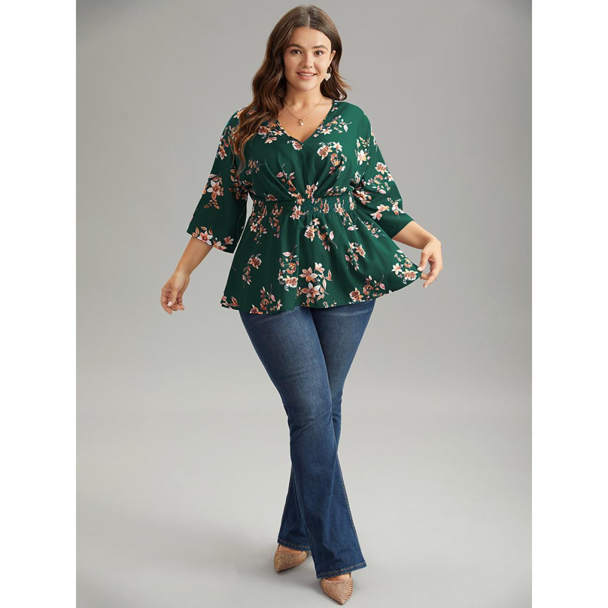 Plus Size DarkGreen Floral Print Shirred Plicated Detail Blouse Women Elegant Elbow-length sleeve V-neck Dailywear Blouses BloomChic 10/M Product Image