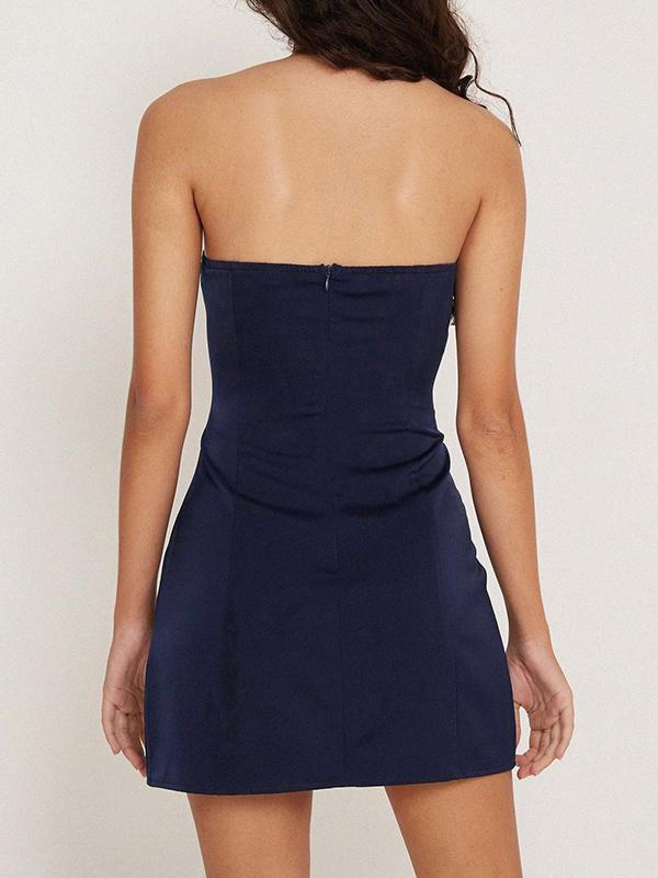 Solid Color Off Shoulder Slit Slim Mini Dress Product Image